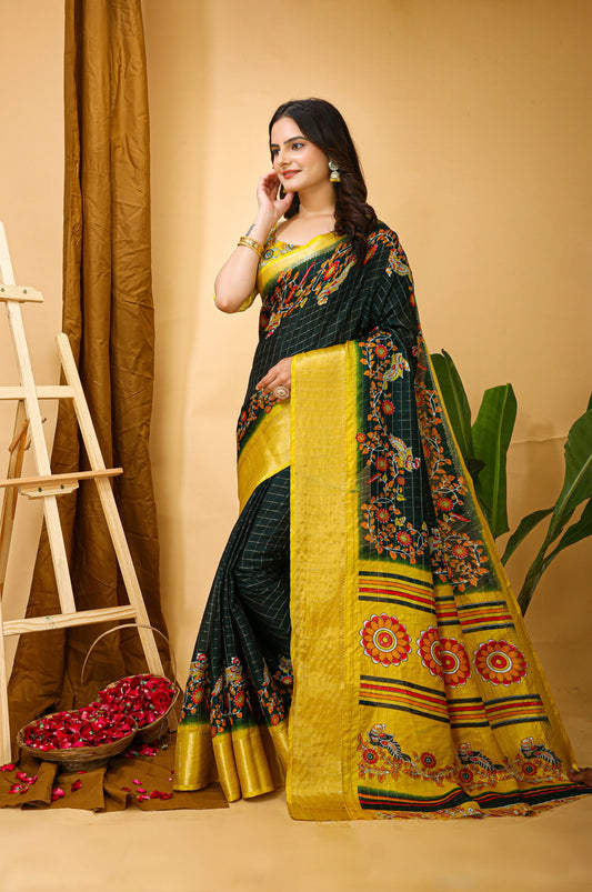 MoonPalav Elegant Dark Green Saree with Floral Motifs Moonpalav