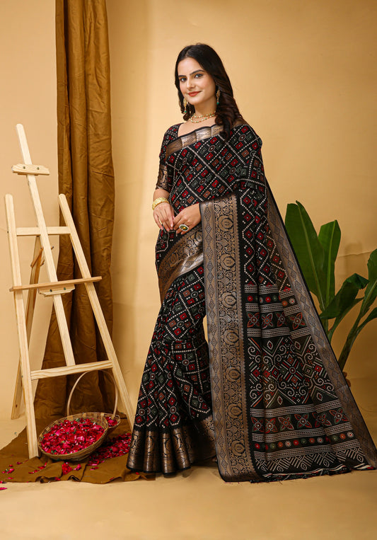 MoonPalav Elegant Bandhani Design Saree in Black Dola Silk Moonpalav