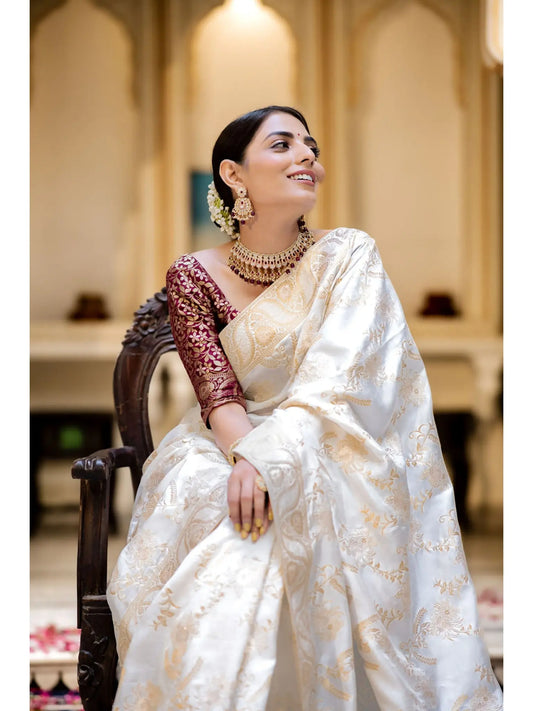 MoonPalav Designer Litchi Silk White Printed Saree Moonpalav