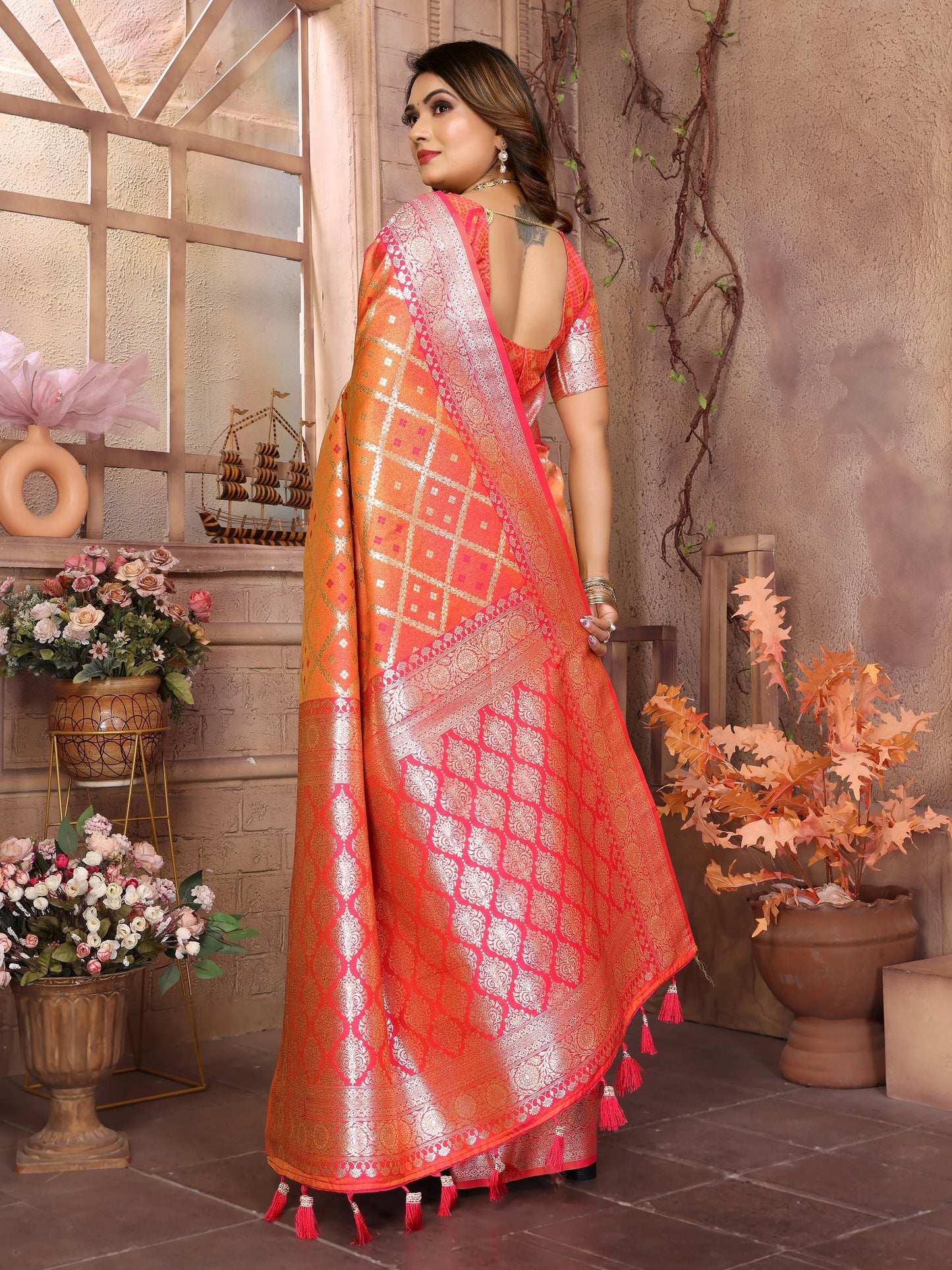 MoonPalav Vibrant Geometric Pattern Litchi Silk Saree Moonpalav