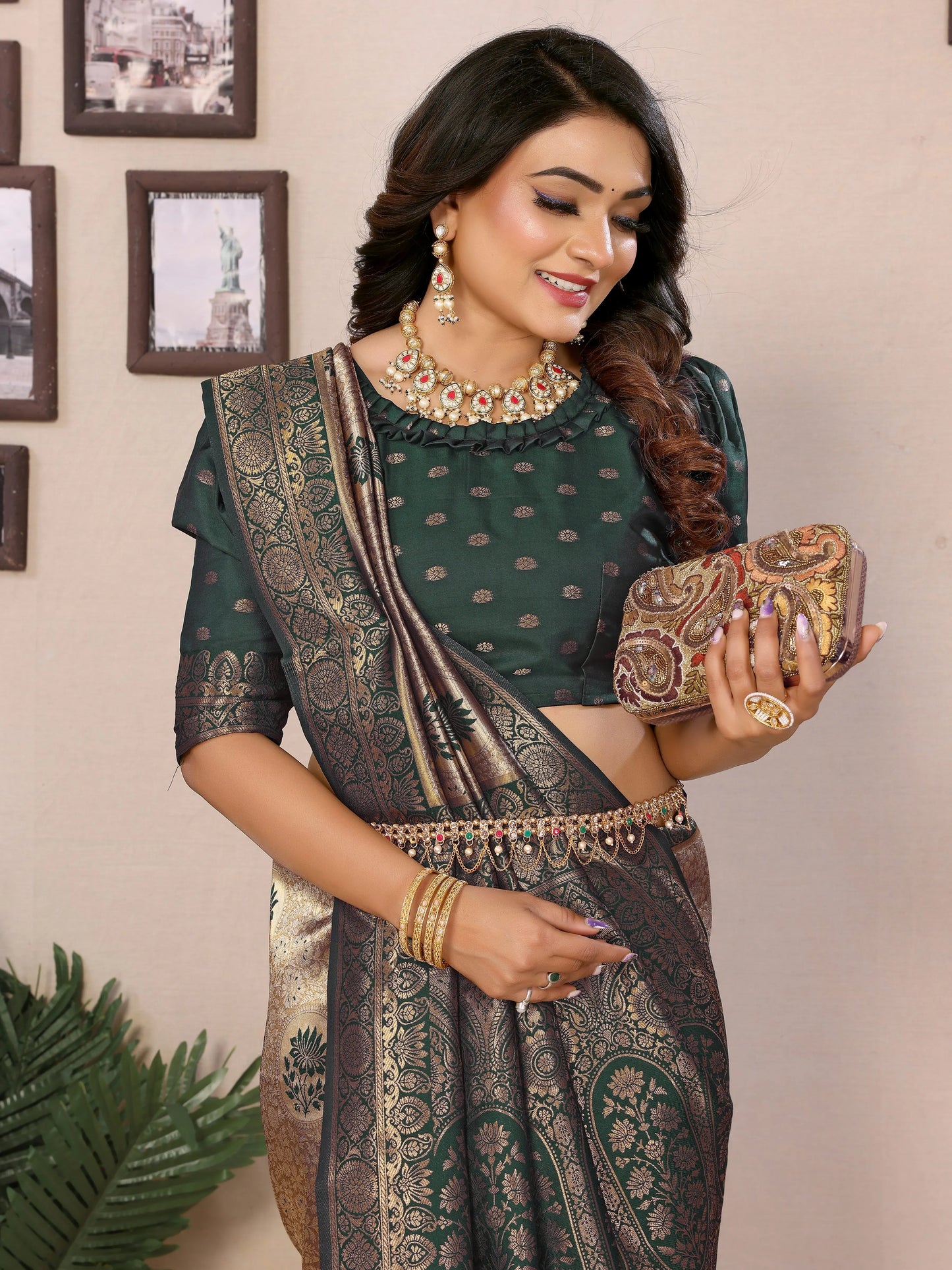 MoonPalav Timeless Banarasi Green Silk Saree Moonpalav