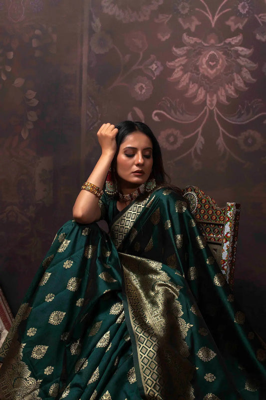 MoonPalav Royal Green Banarasi silk saree Moonpalav