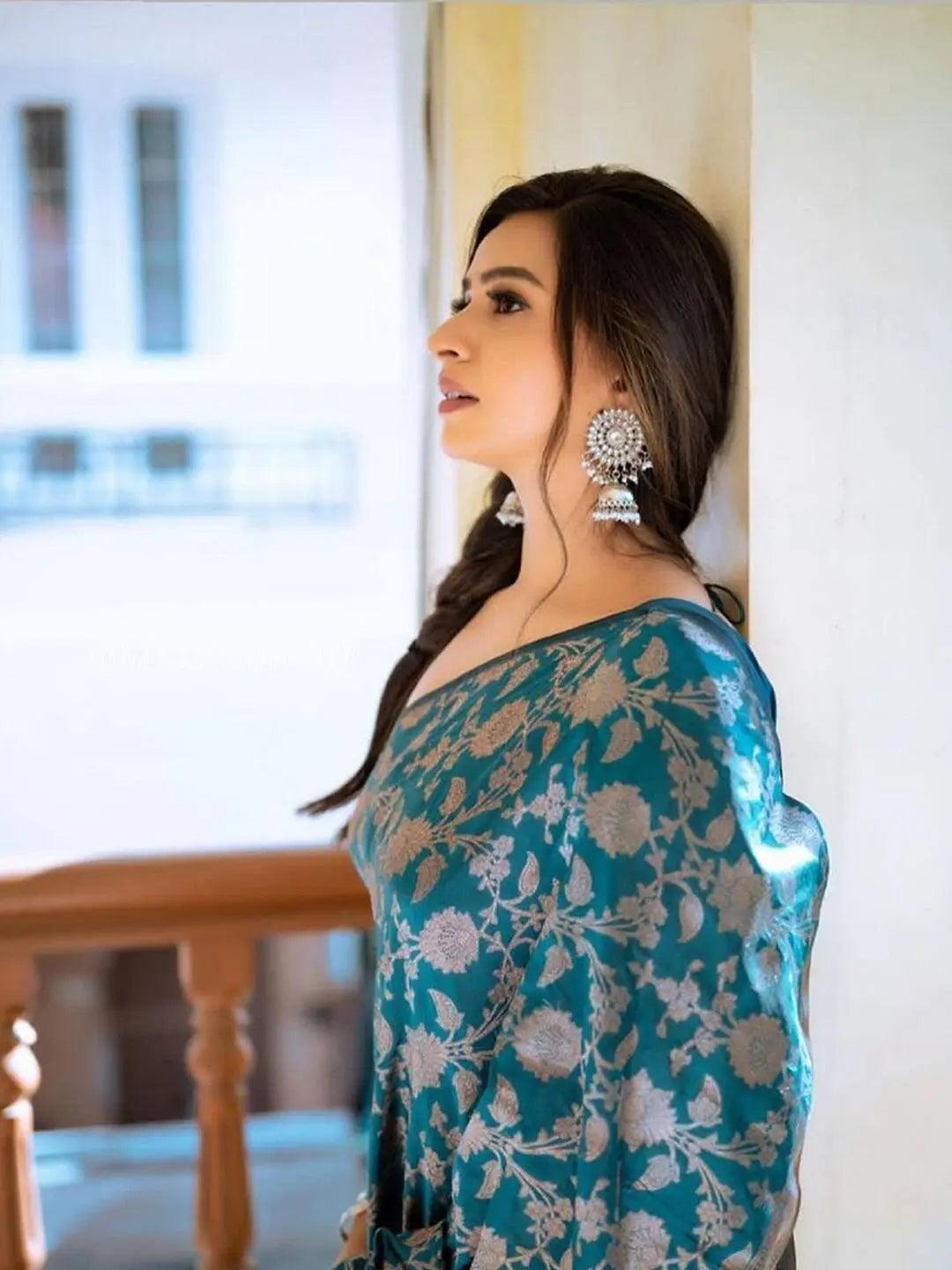 MoonPalav Elegant Teal Blue Banarasi Soft Silk Saree Moonpalav