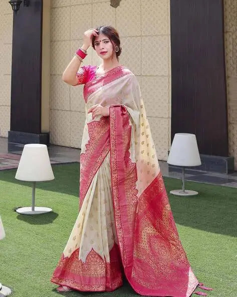 MoonPalav Elegant Cream Banarasi Silk Saree with Pink Brocade Moonpalav boutique