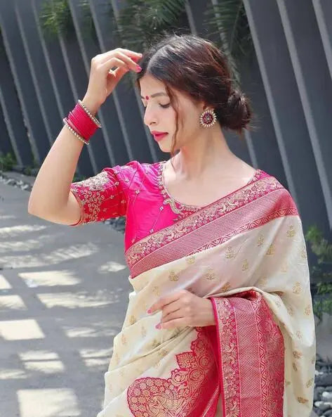 MoonPalav Elegant Cream Banarasi Silk Saree with Pink Brocade Moonpalav boutique