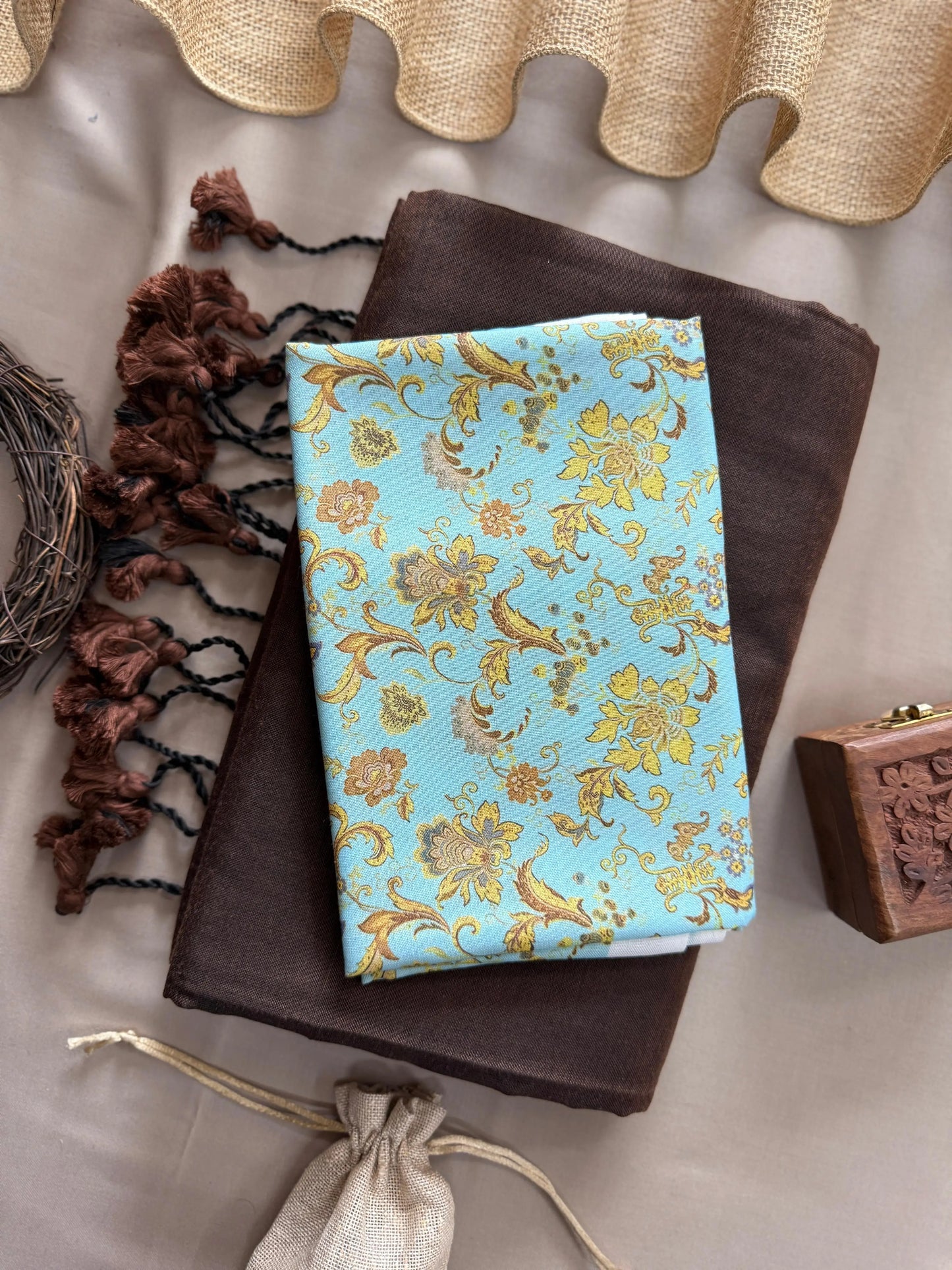 MoonPalav Sky Blue & Brown Floral Khadi Cotton Saree – Handwoven Elegance with Earthy Accents Moonpalav