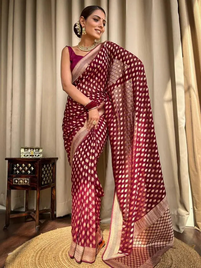 MoonPalav Elegant Maroon Banarasi Silk Saree Moonpalav