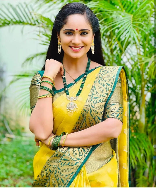 MoonPalav Sunshine Yellow Silk Saree with Green Border Moonpalav