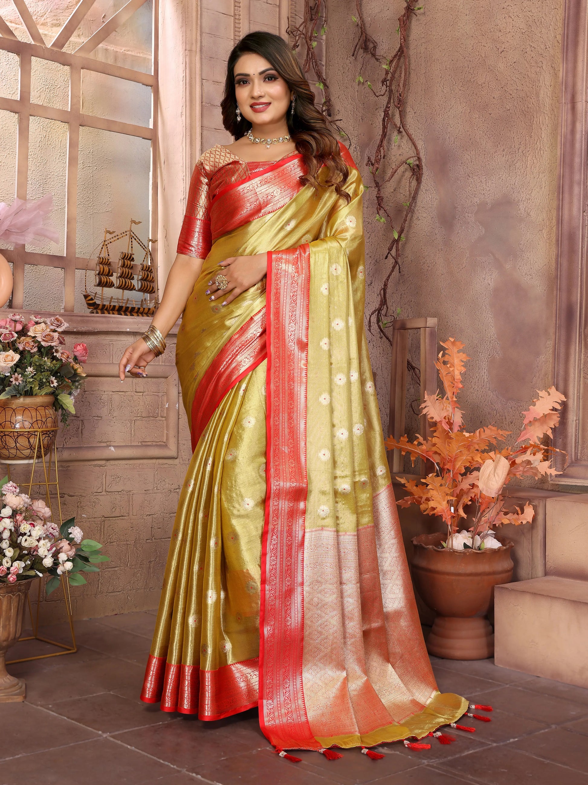 MoonPalav Handloom Tissue Silk Saree with Zari Border Moonpalav