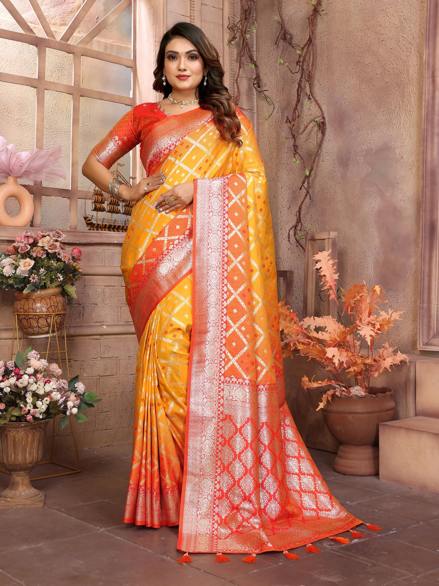 MoonPalav Orange Zari Woven Kanjivaram Silk Saree Moonpalav
