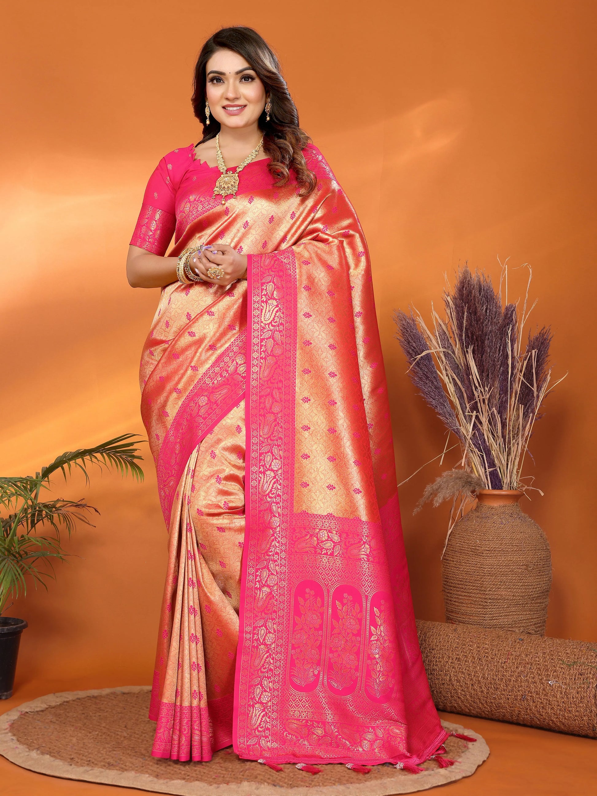 MoonPalav Vibrant Pink Tissue Silk Saree with Zari Border Moonpalav