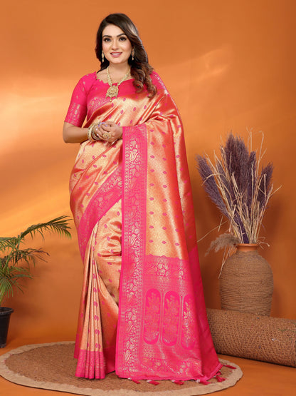 MoonPalav Vibrant Pink Tissue Silk Saree with Zari Border Moonpalav