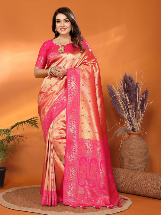 MoonPalav Vibrant Pink Tissue Silk Saree with Zari Border Moonpalav