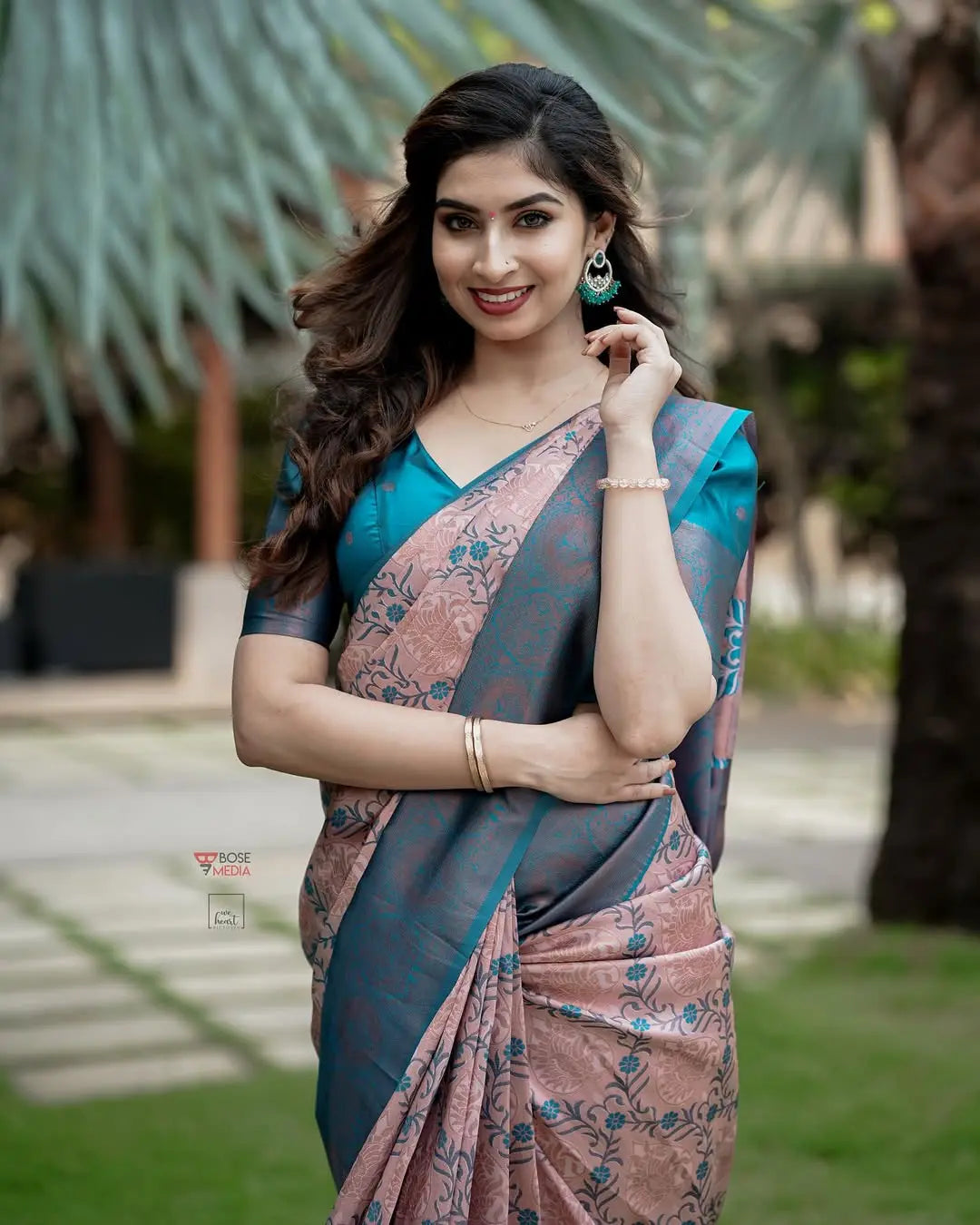 MoonPalav Elegant in Peach and Blue Banarasi Saree Moonpalav