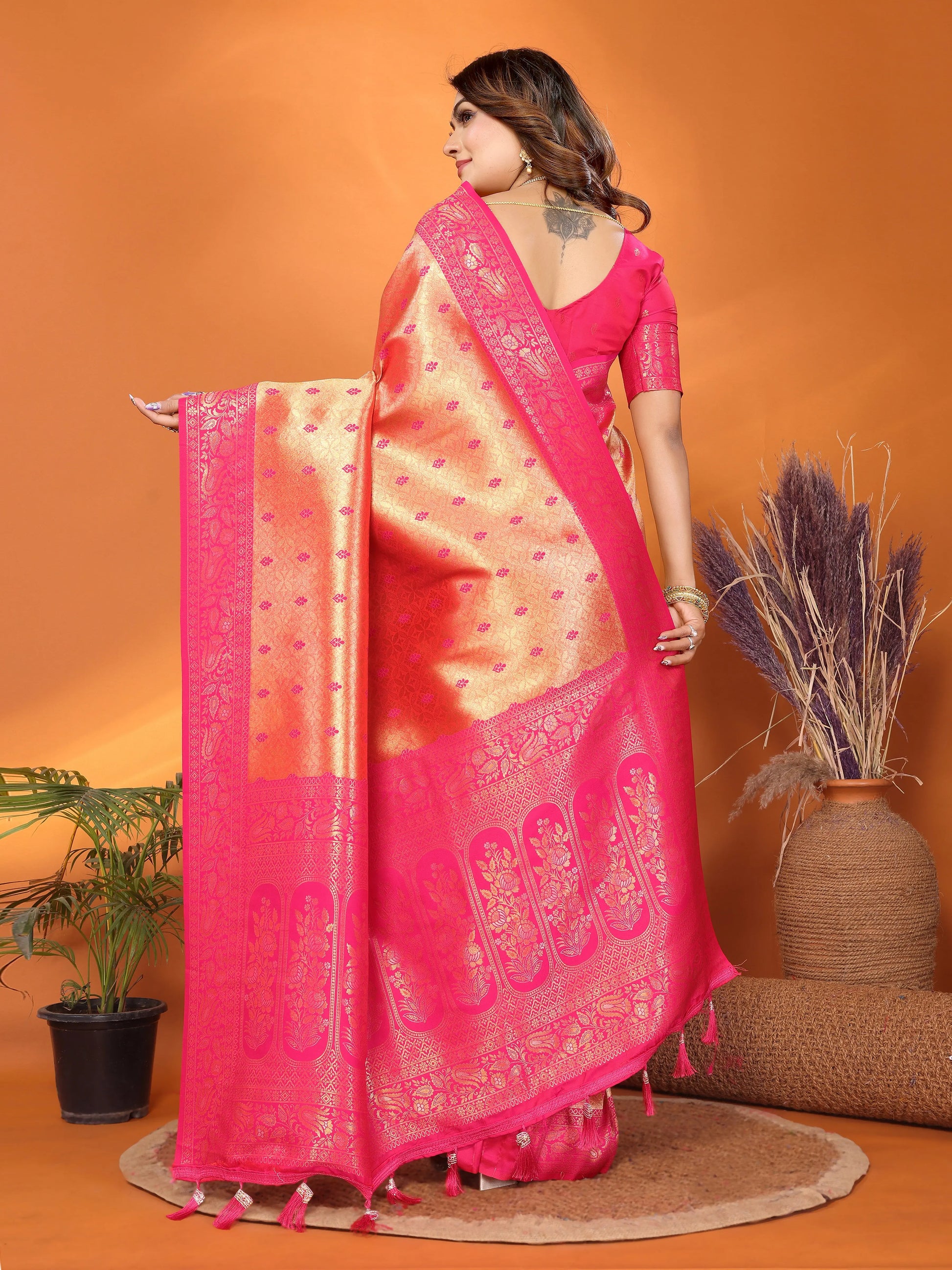 MoonPalav Vibrant Pink Tissue Silk Saree with Zari Border Moonpalav