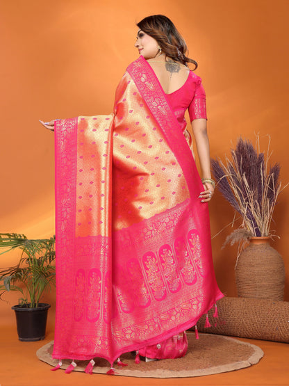 MoonPalav Vibrant Pink Tissue Silk Saree with Zari Border Moonpalav