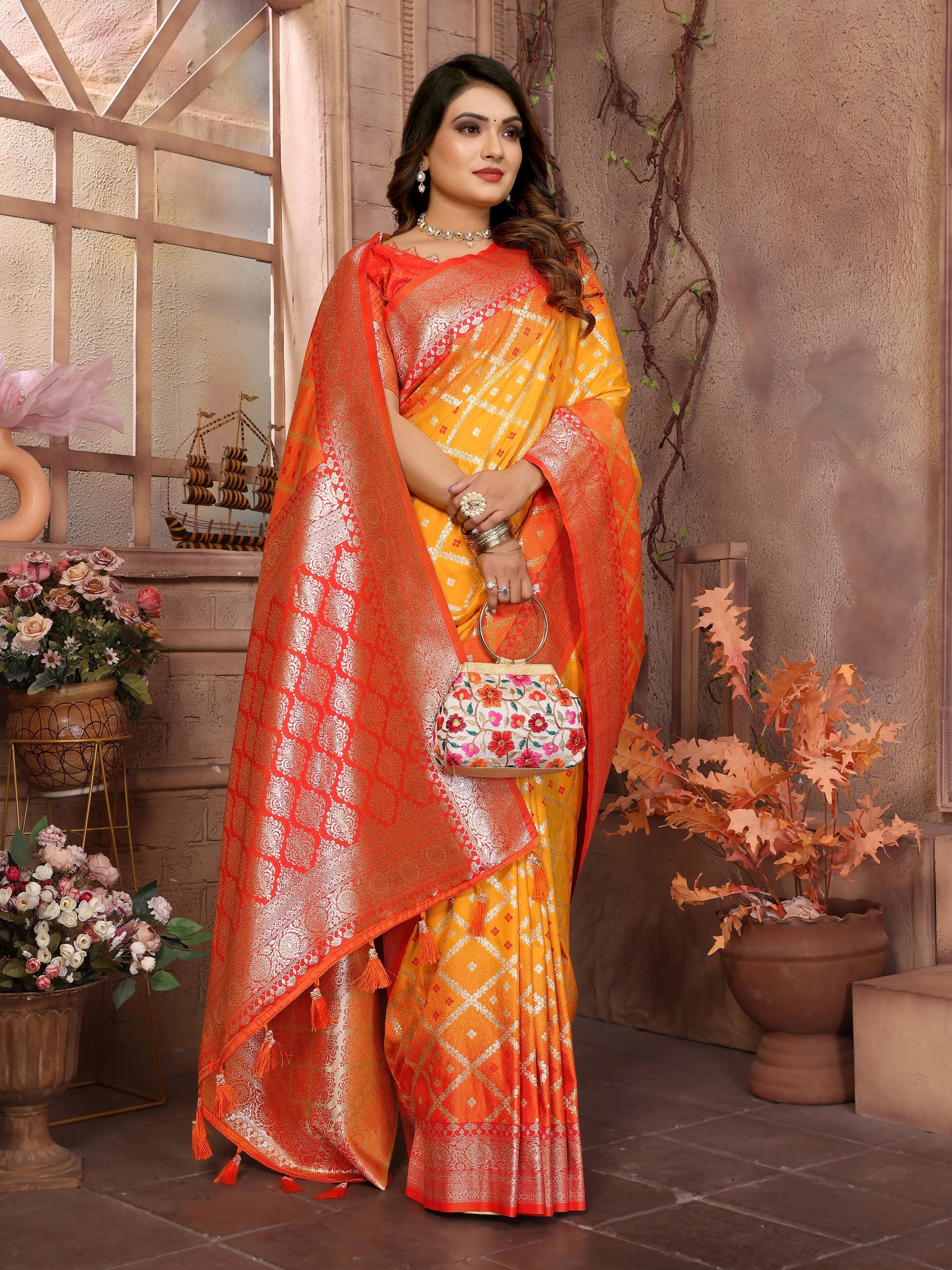 MoonPalav Orange Zari Woven Kanjivaram Silk Saree Moonpalav