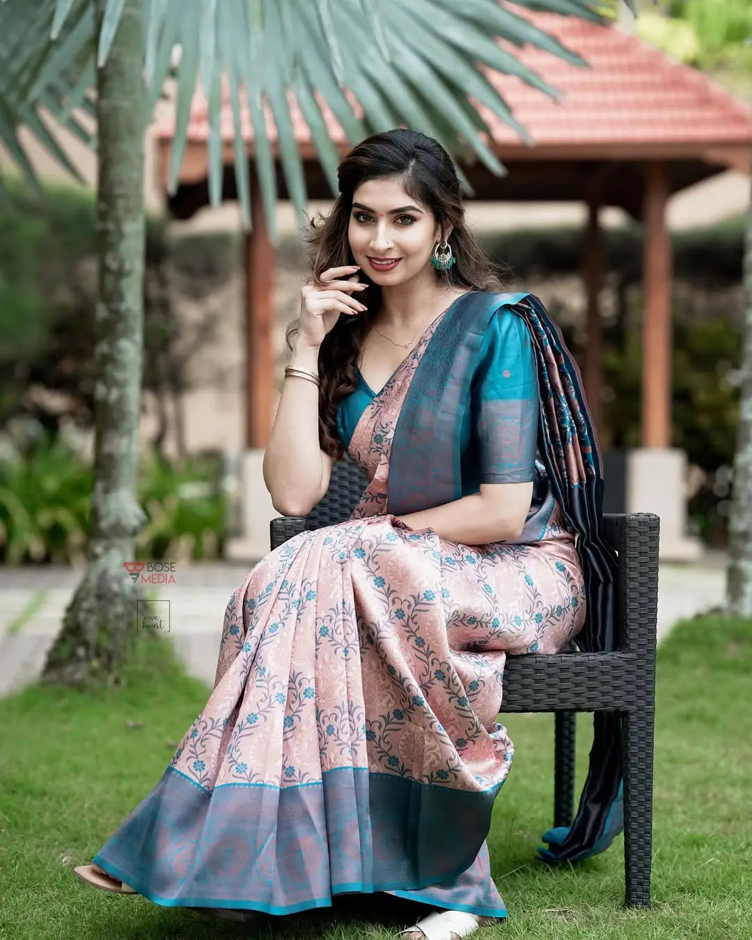 MoonPalav Elegant in Peach and Blue Banarasi Saree Moonpalav