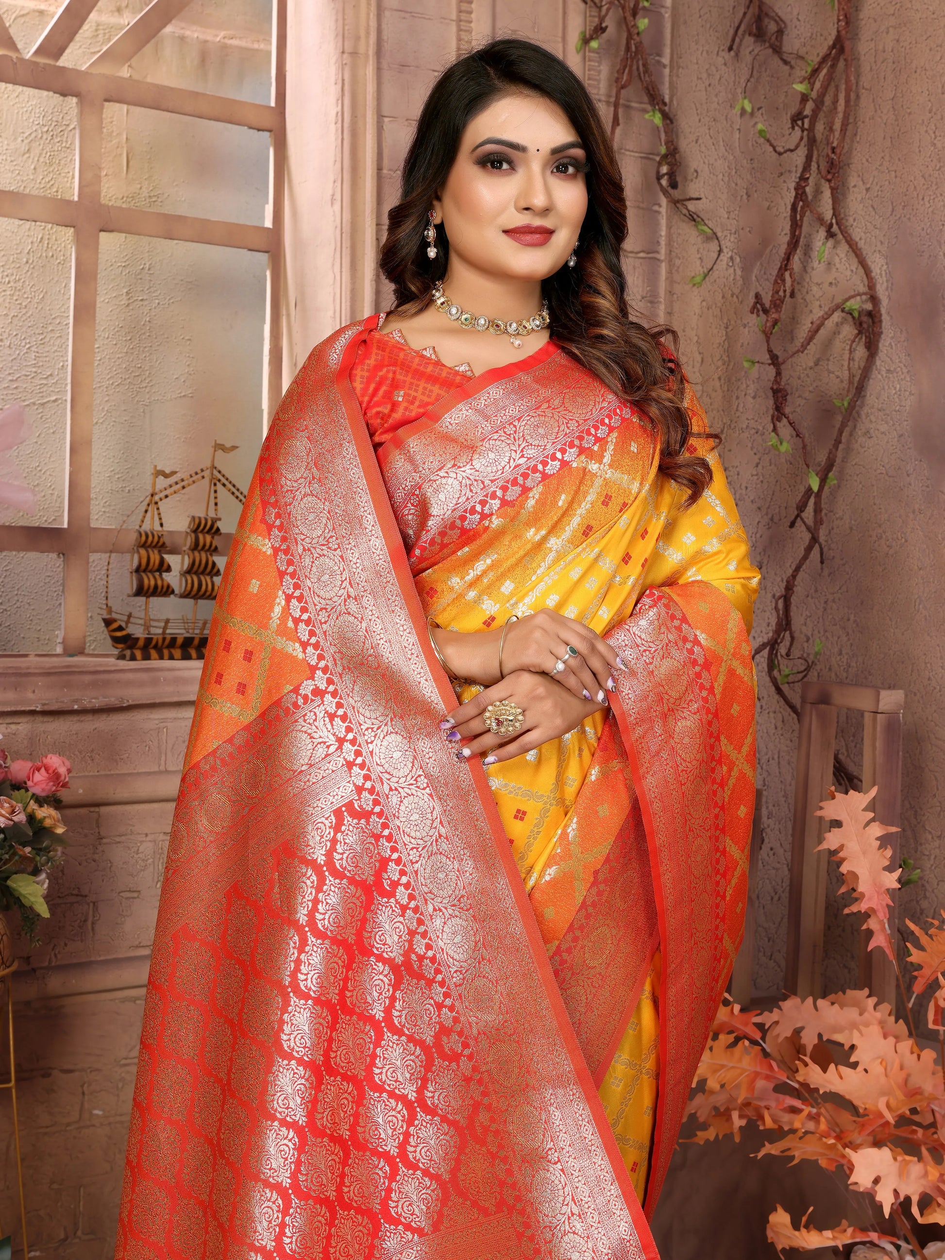 MoonPalav Orange Zari Woven Kanjivaram Silk Saree Moonpalav