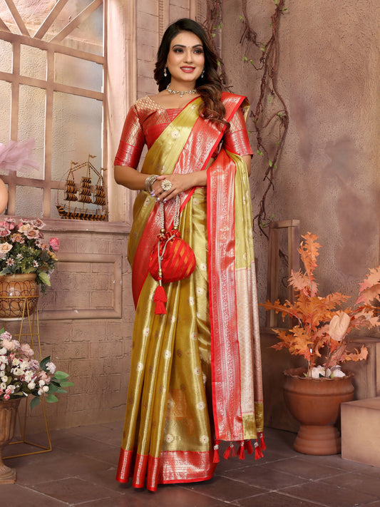 MoonPalav Handloom Tissue Silk Saree with Zari Border Moonpalav