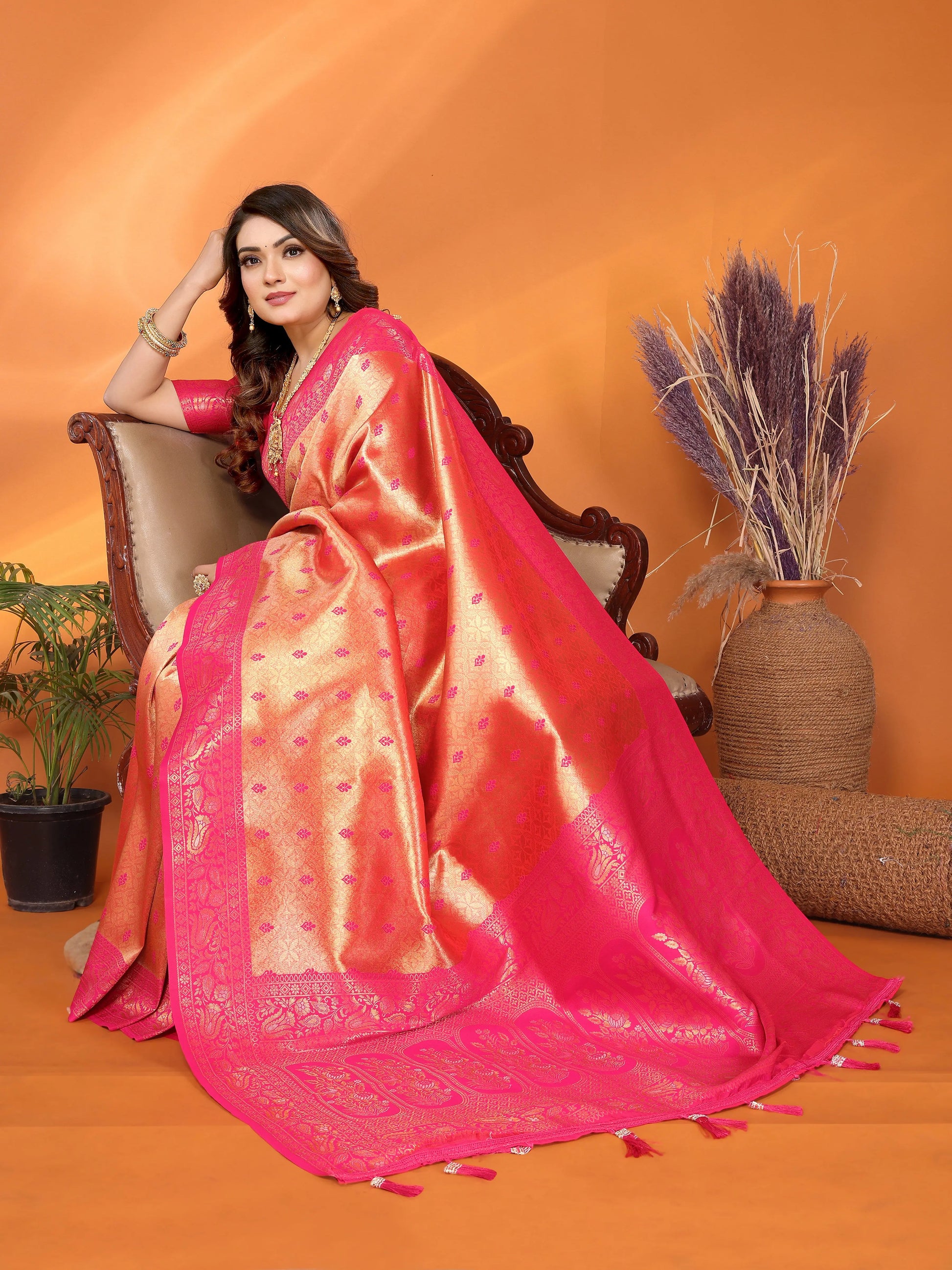 MoonPalav Vibrant Pink Tissue Silk Saree with Zari Border Moonpalav