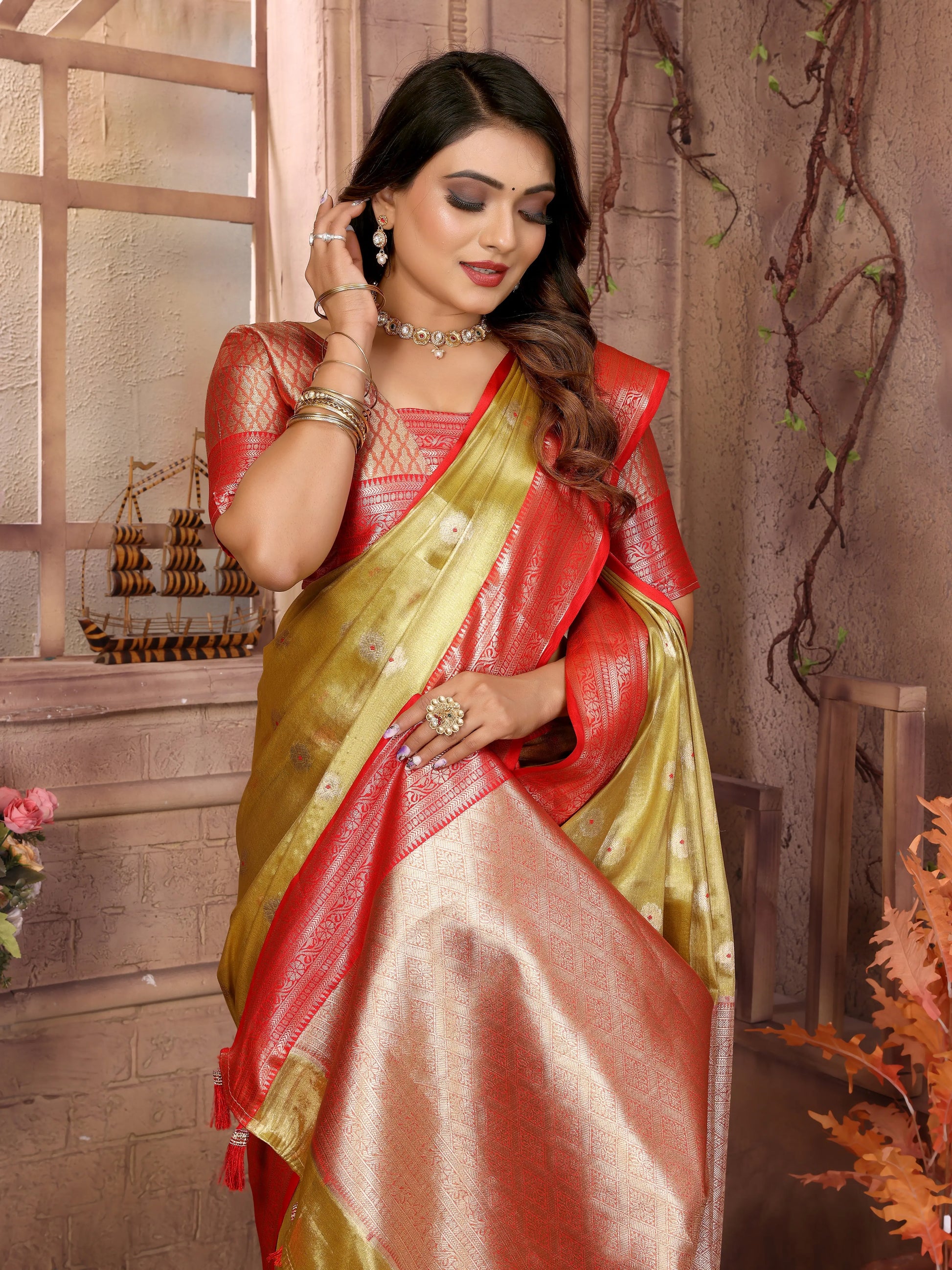 MoonPalav Handloom Tissue Silk Saree with Zari Border Moonpalav