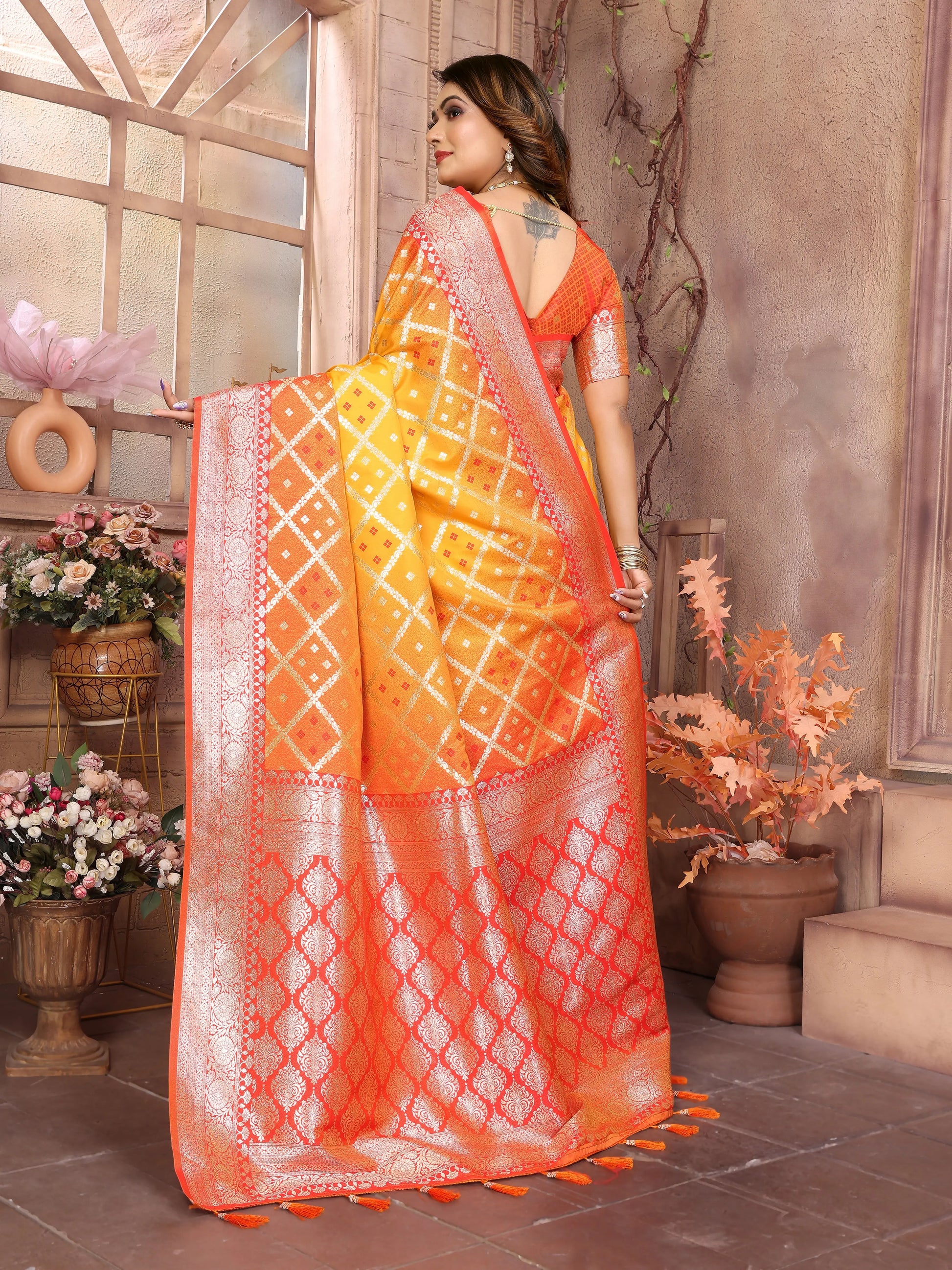 MoonPalav Orange Zari Woven Kanjivaram Silk Saree Moonpalav