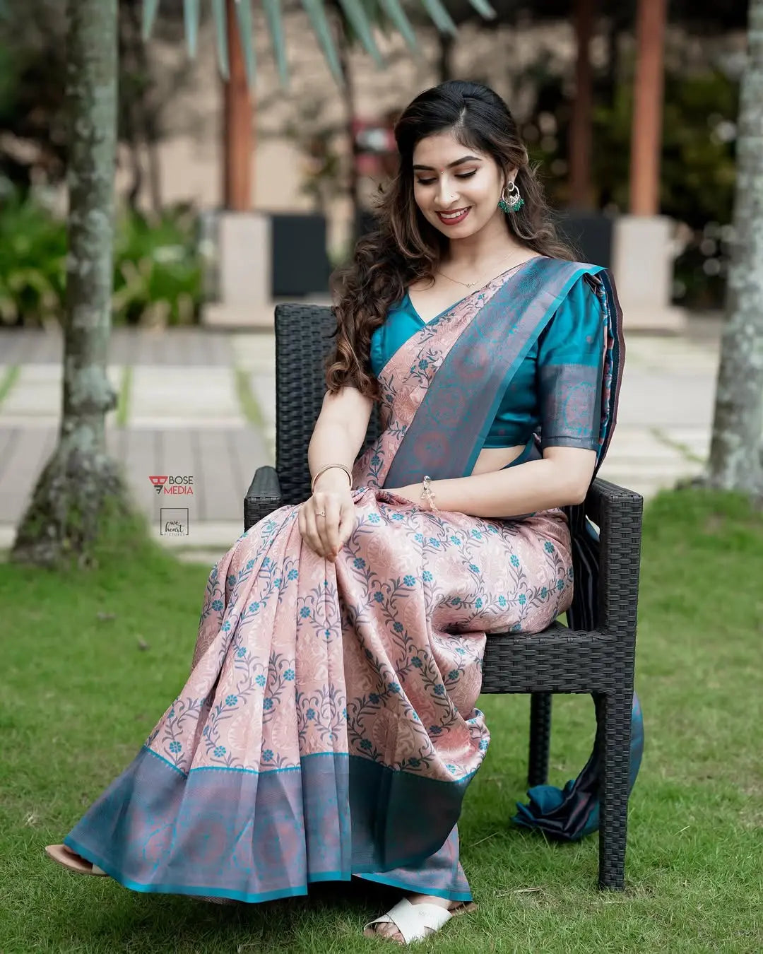MoonPalav Elegant in Peach and Blue Banarasi Saree Moonpalav