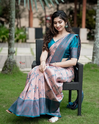 MoonPalav Elegant in Peach and Blue Banarasi Saree Moonpalav