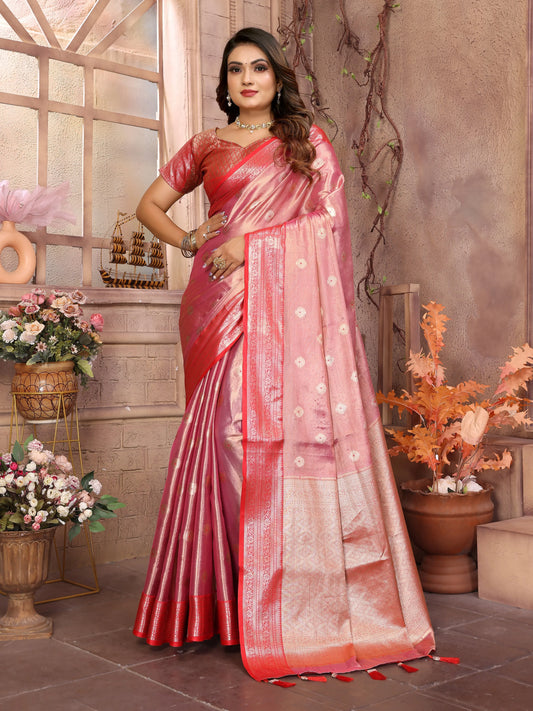 MoonPalav Elegant Pink Tissue Silk Saree with Golden Zari Weave Moonpalav