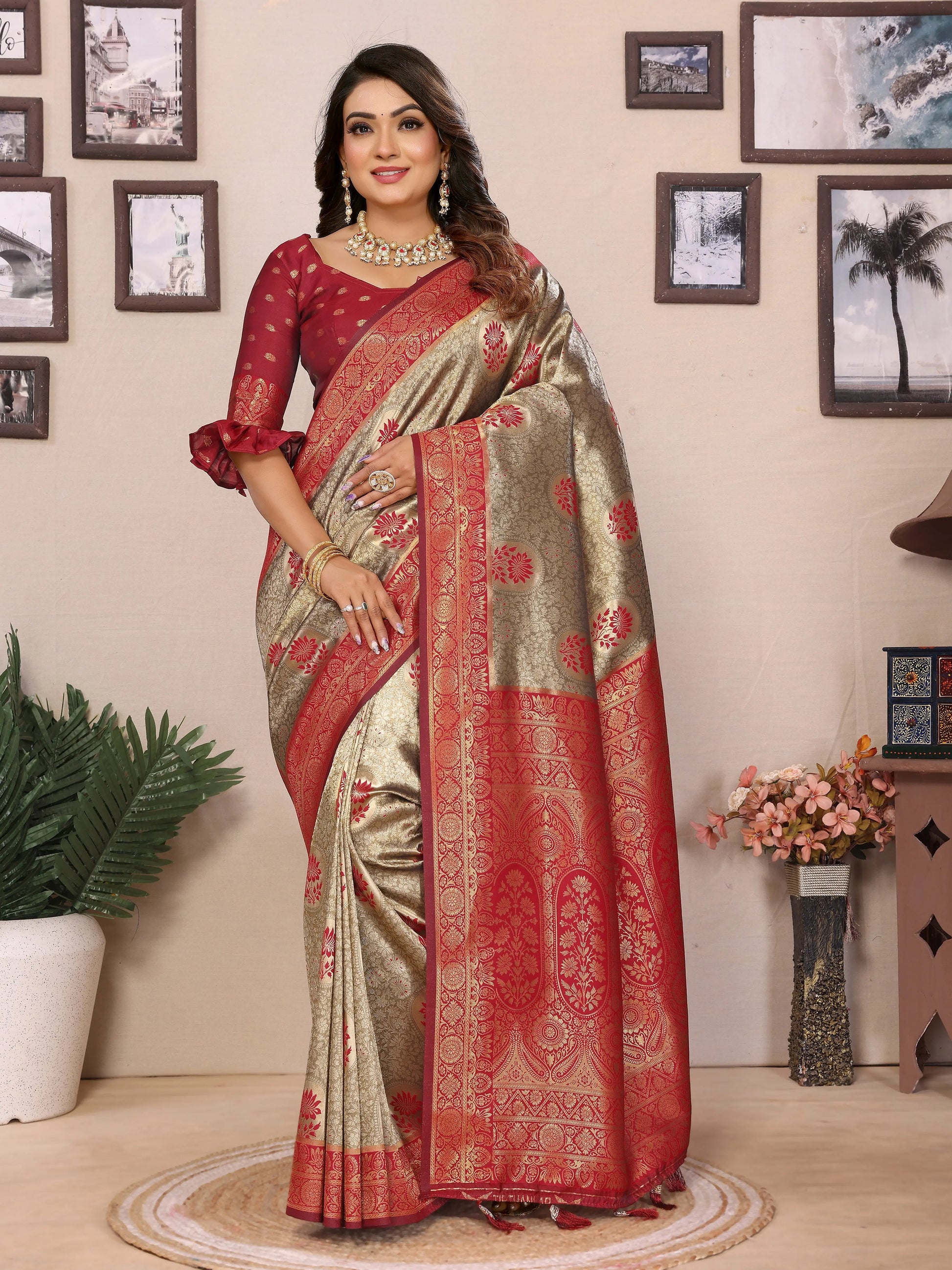 MoonPalav Elegant Red and Gold Tissue Silk Saree Moonpalav
