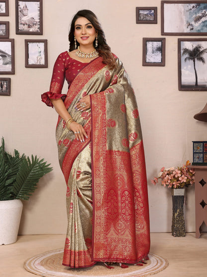 MoonPalav Elegant Red and Gold Tissue Silk Saree Moonpalav