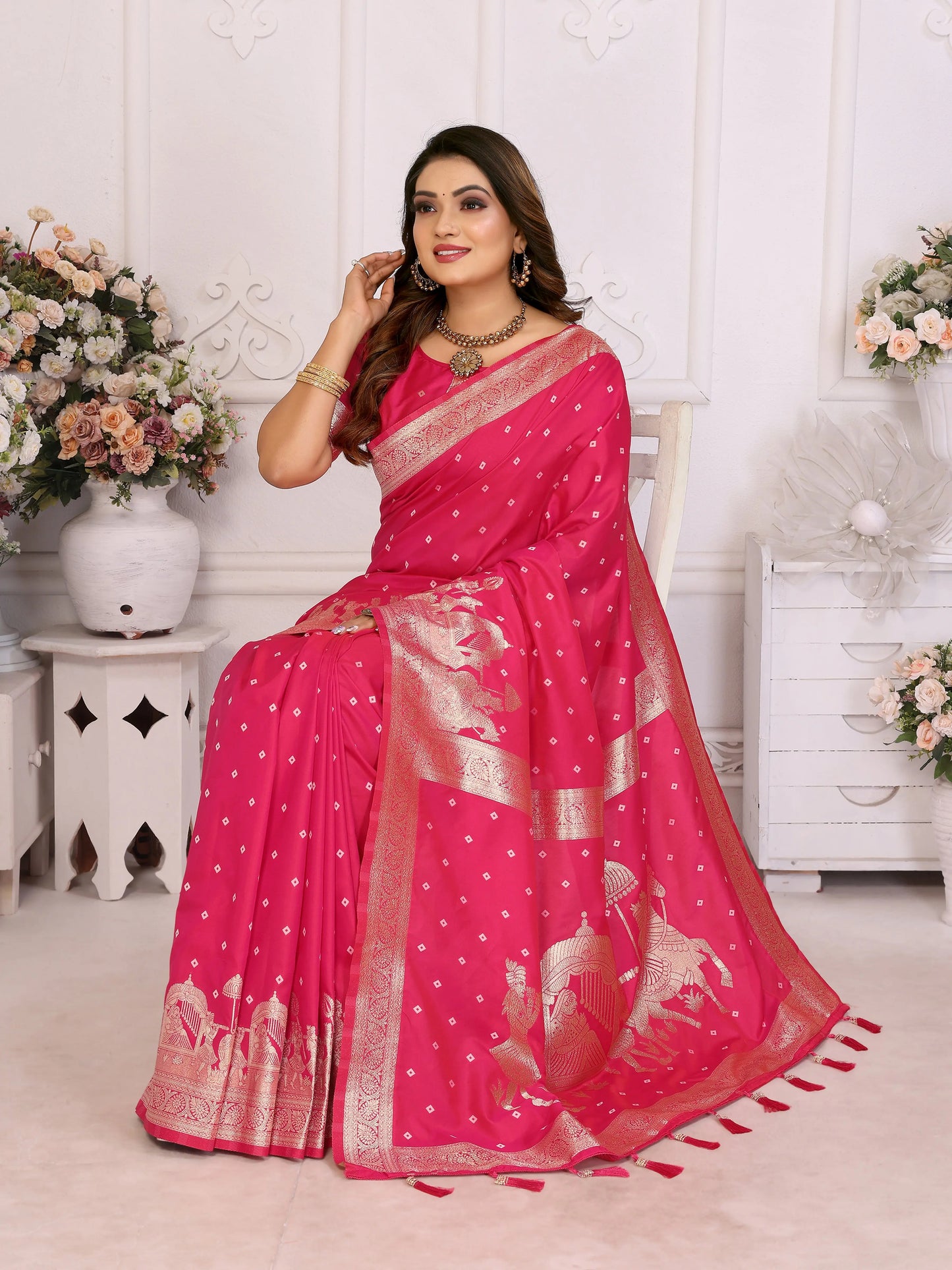 MoonPalav Marvelous Pink Zari Weaving Kochi Silk Saree Moonpalav