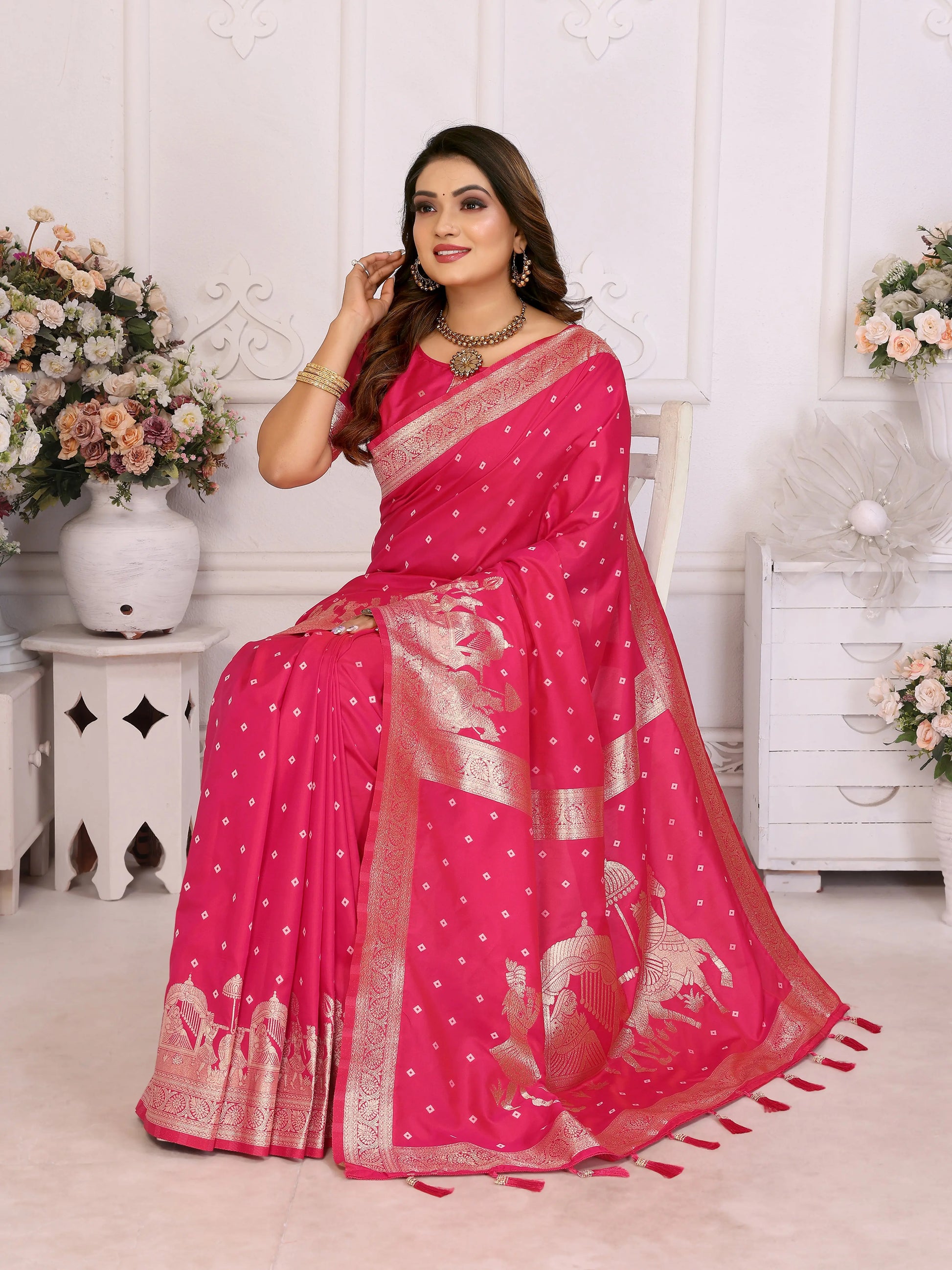 MoonPalav Marvelous Pink Zari Weaving Kochi Silk Saree Moonpalav