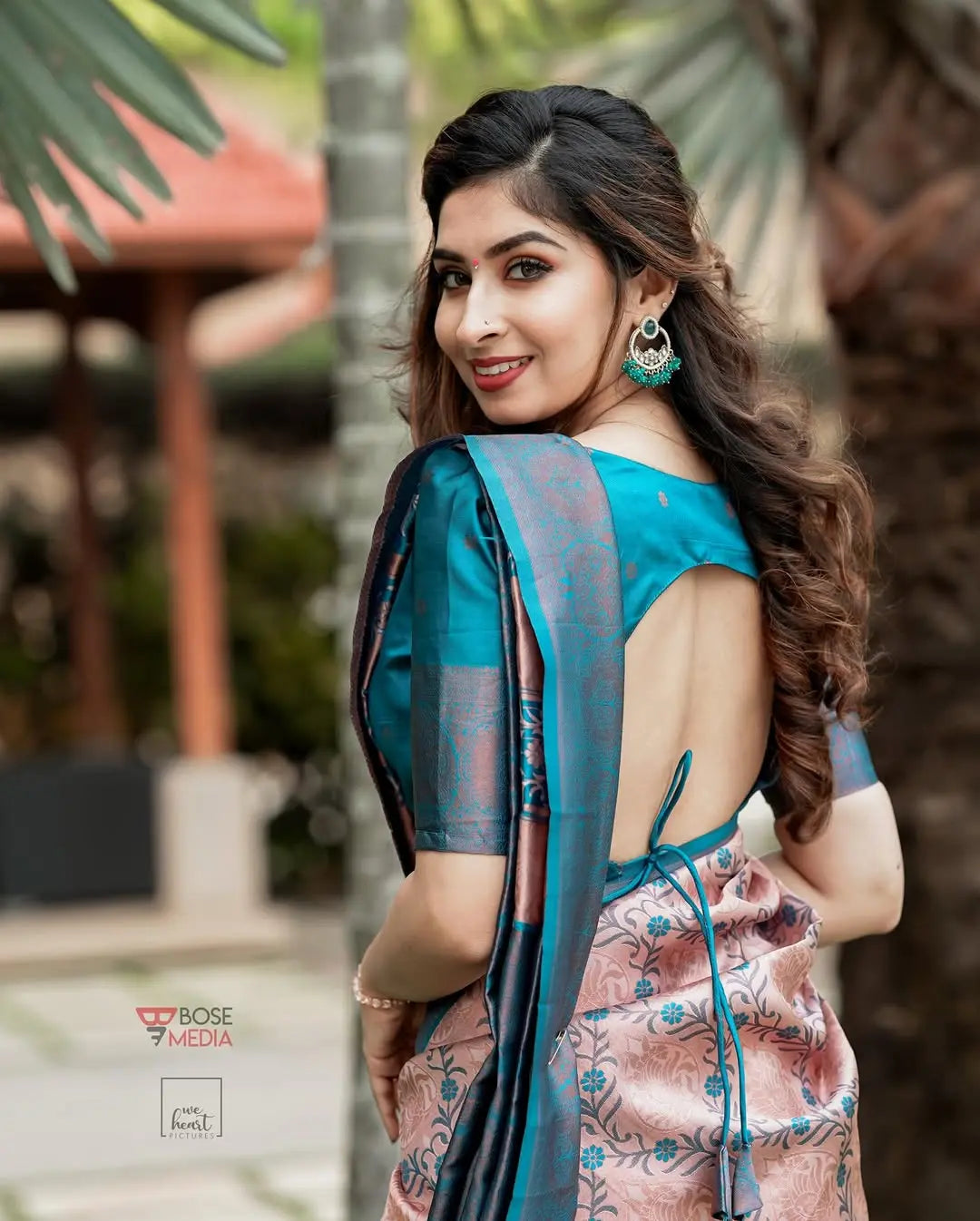 MoonPalav Elegant in Peach and Blue Banarasi Saree Moonpalav