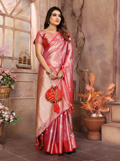 MoonPalav Elegant Pink Tissue Silk Saree with Golden Zari Weave Moonpalav