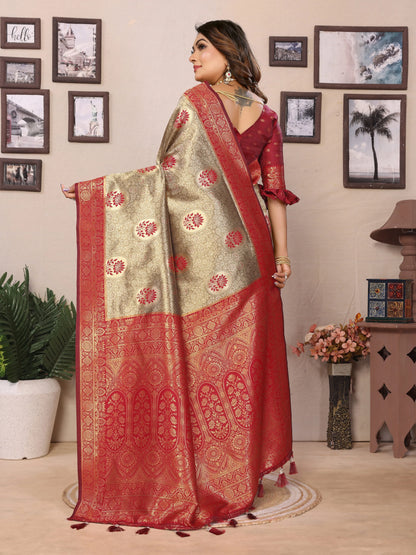 MoonPalav Elegant Red and Gold Tissue Silk Saree Moonpalav