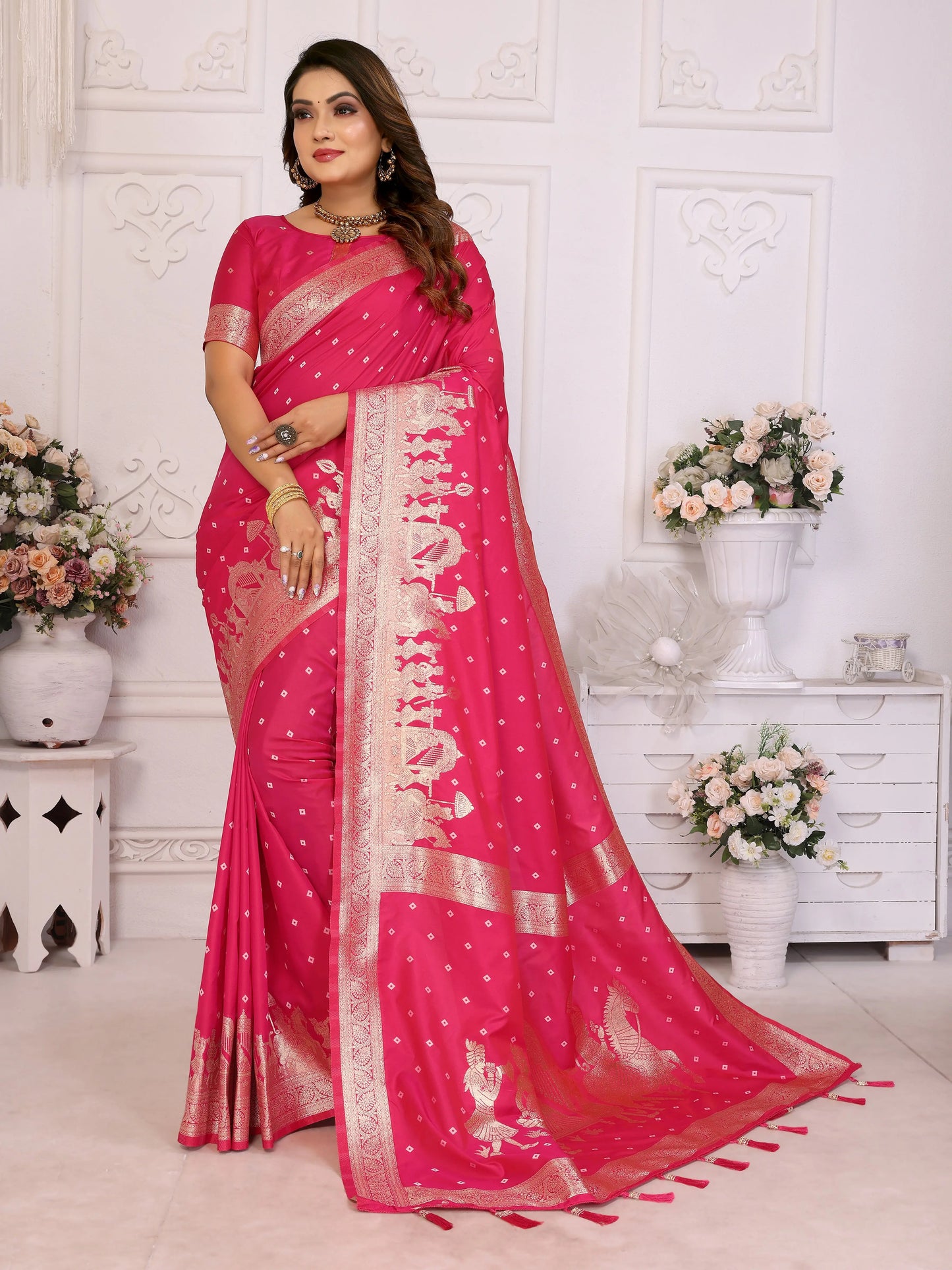 MoonPalav Marvelous Pink Zari Weaving Kochi Silk Saree Moonpalav