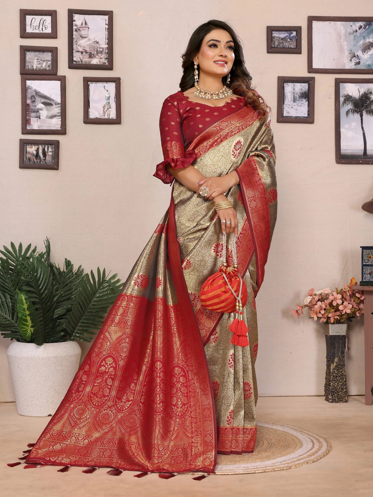 MoonPalav Elegant Red and Gold Tissue Silk Saree Moonpalav