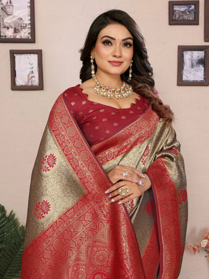 MoonPalav Elegant Red and Gold Tissue Silk Saree Moonpalav