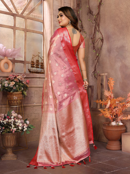 MoonPalav Elegant Pink Tissue Silk Saree with Golden Zari Weave Moonpalav
