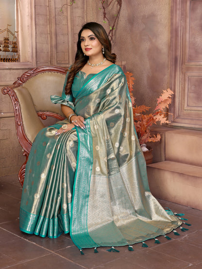 MoonPalav Traditional Mint Green Tissue Silk Saree Moonpalav