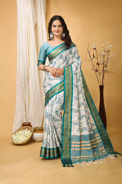 MoonPalav Elegant White Dola Silk Saree with Sky Blue Border Moonpalav