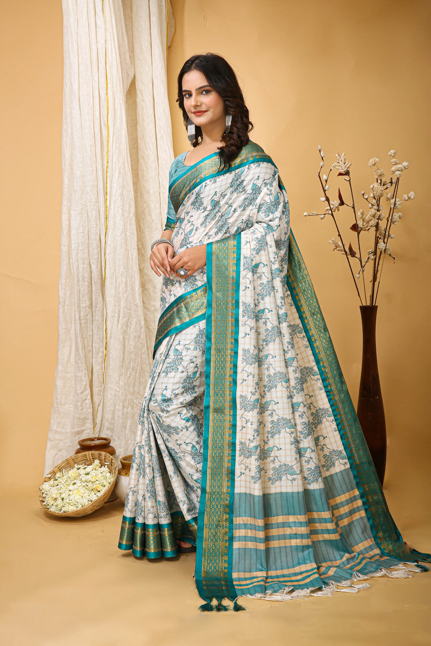 MoonPalav Elegant White Dola Silk Saree with Sky Blue Border Moonpalav