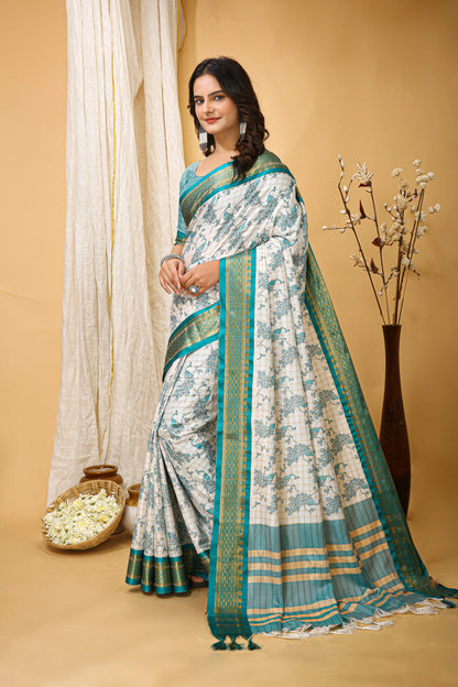 MoonPalav Elegant White Dola Silk Saree with Sky Blue Border Moonpalav