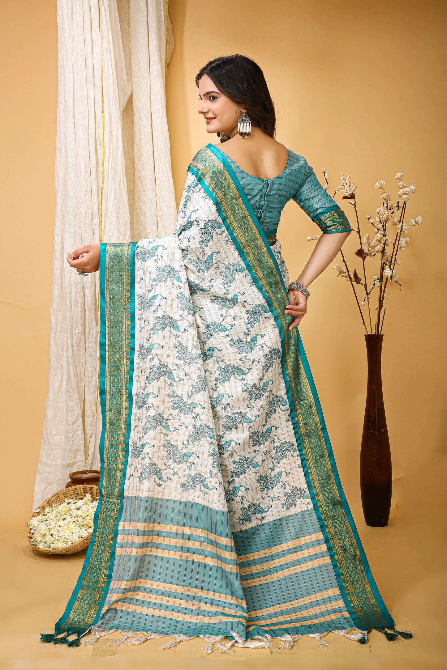 MoonPalav Elegant White Dola Silk Saree with Sky Blue Border Moonpalav