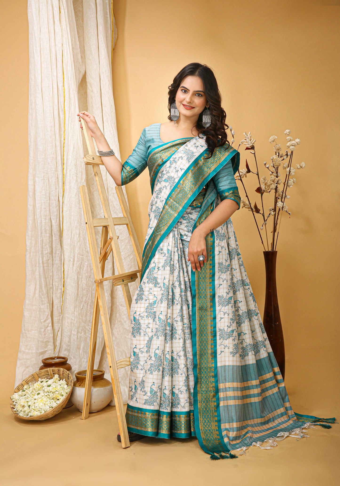 MoonPalav Elegant White Dola Silk Saree with Sky Blue Border Moonpalav