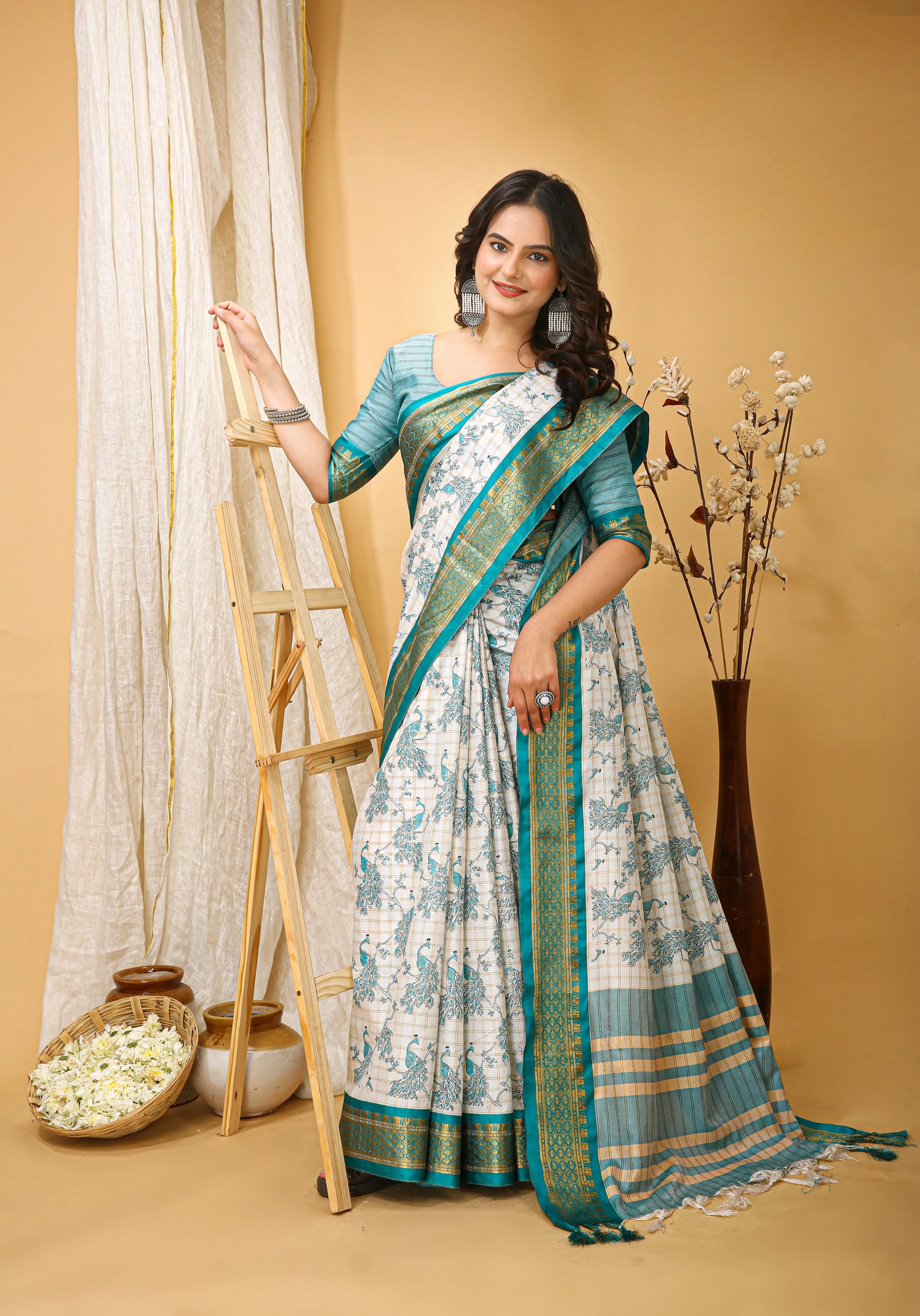 MoonPalav Elegant White Dola Silk Saree with Sky Blue Border Moonpalav