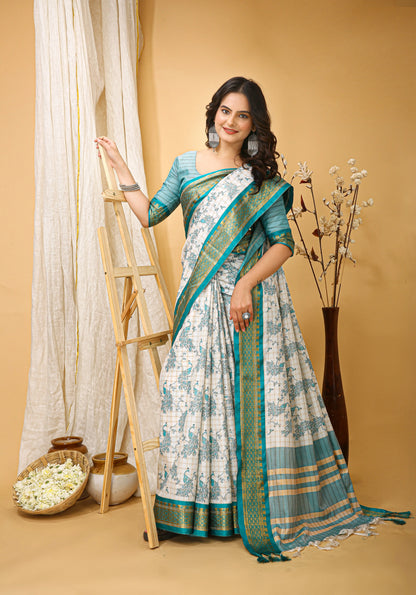 MoonPalav Elegant White Dola Silk Saree with Sky Blue Border Moonpalav