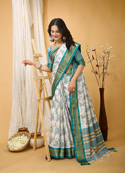 MoonPalav Elegant White Dola Silk Saree with Sky Blue Border Moonpalav